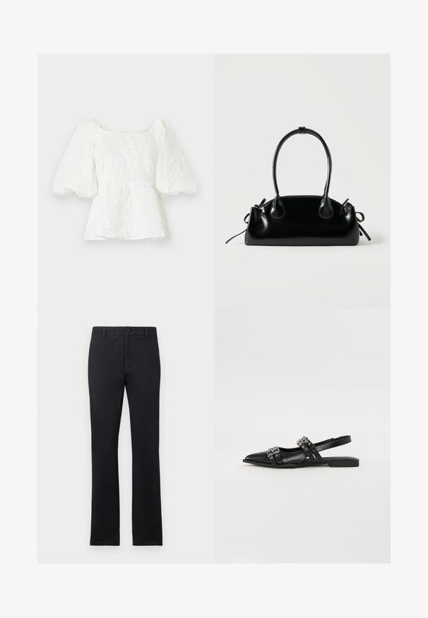Blouse blanche texturée avec un décolleté carré et des manches bouffantes. Dispose d'une taille peplum, mettant en valeur un motif floral.; Pantalons noirs à jambe droite avec passants de ceinture, bouton avant et fermeture éclair, présentés sur un fond blanc uni.; Even&Odd by Zalando Ballerines à brides arrière - black; Petit sac à main noir brillant avec deux longues anses et des détails à cordon sur les côtés sur un fond clair uni.