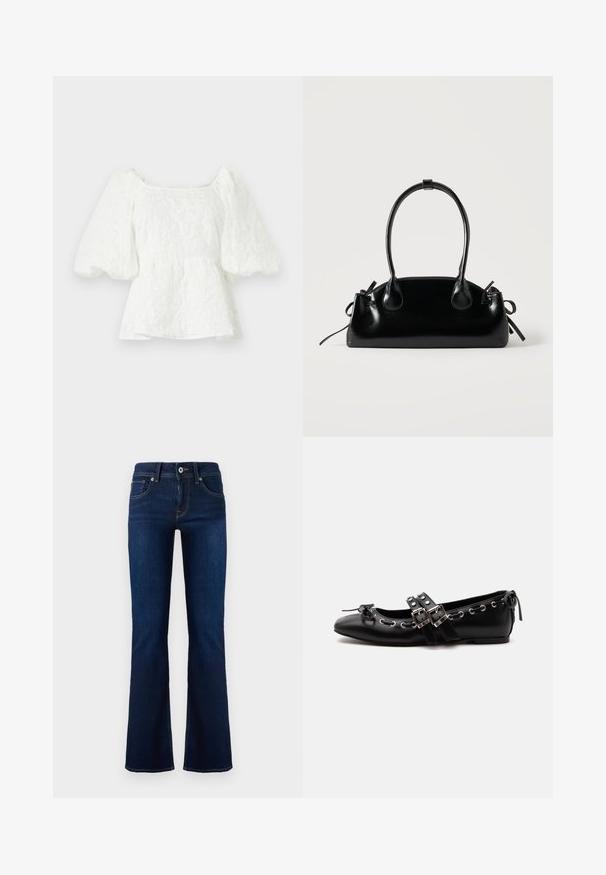 Hvid, tekstureret bluse med firkantet halsudskæring og pufærmer. Har en peplum talje, der viser et blomstermønster hele vejen igennem.; Mørkeblå denim flared jeans med en mid-rise talje, forlommer og kontrasterende syninger. Har metalknaplukning og bæltestropper.; Sort flad balletsko med dobbelt spænde, sølvøjer og en lille sløjfe nær den runde tå på en hvid baggrund.; Lille sort blank håndtaske med to lange håndtag og snøre-detaljer i siden på en ensfarvet lys baggrund.