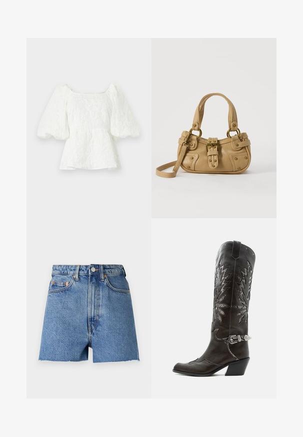 Weiße, strukturierte Bluse mit quadratischem Ausschnitt und puffärmel. Sie hat eine Peplum-Taille und zeigt ein florales Muster. ; Helleblaue Jeansshorts mit hoher Taille, ausgefranstem Saum und kupferfarbenen Beschlägen. Ausgestattet mit zwei Vordertaschen und klassischem Fünf-Taschen-Design.; Schwarzer Leder-Cowboystiefel mit dekorativen Ausschnitten, silberner Schnalle und schräger Ferse, auf weißem Hintergrund dargestellt.; Beige Lederhandtasche mit doppelten Griffen, Messingschnalle und Nieten, sowie verstellbarem Schultergurt vor weißem Hintergrund.
