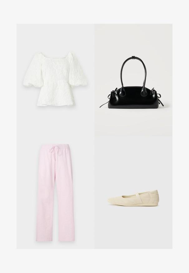 Hvid, tekstureret bluse med firkantet halsudskæring og pufærmer. Har en peplum talje, der viser et blomstermønster hele vejen igennem.; Lyserøde pyjamasbukser i et struktureret stof med en løs pasform, der har en elastisk talje og snøre til justering.; Lysebrune ballet flats med en glat læderoverflade, mandelformet tå og elastisk rem over vristen, med diskrete syninger.; Lille sort blank håndtaske med to lange håndtag og snøre-detaljer i siden på en ensfarvet lys baggrund.