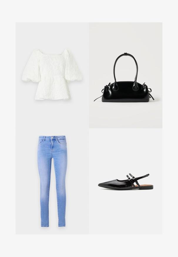 Witte, gestructureerde blouse met een vierkante halslijn en opgeblazen mouwen. Heeft een peplum taille en toont een bloemenpatroon door het hele ontwerp.; Lichtblauwe skinny jeans met een vervaagde wassing, voorzien van een vijf-pocket ontwerp, een sluiting met knop aan de voorkant en een schone zoom.; Zwarte gepatineerde leren slingback schoenen hebben een spitse neus, twee banden met gespsieraden en een platte zool.; Kleine zwarte glanzende handtas met twee lange hengsels en zijkant trekkoord details op een effen lichte achtergrond.