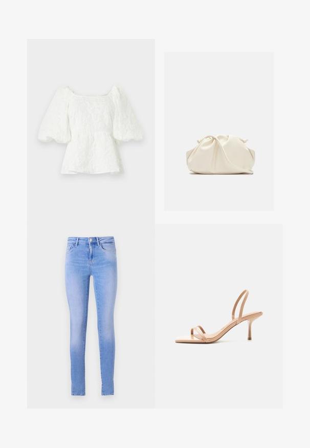Hvid, tekstureret bluse med firkantet halsudskæring og pufærmer. Har en peplum talje, der viser et blomstermønster hele vejen igennem.; Lyseblå skinny jeans med en falmet vask, der har et fem-lomme design, frontknaplukning og en ren kant.; Beige højhælet sandal med tynde remme over tæerne og om hælen, med firkantet tå og slank stiletthæl på hvid baggrund.; Blød, cremefarvet læder clutch taske med samlet, rynket design og en tynd skulderrem, der hviler foran på en ensfarvet baggrund.