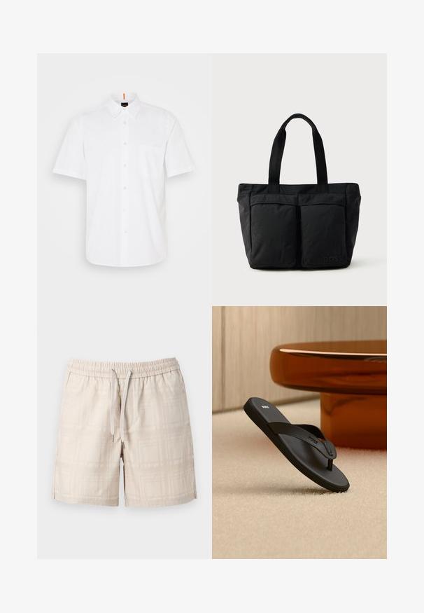 Chemise blanche à manches courtes, boutonnée, fabriquée en coton, avec une poche poitrine unique, un col classic et des détails de couture discrets.; Shorts beige pour homme avec taille élastique, fermeture à cordon, poches latérales et motif à carreaux subtil.; Sandale noire BOSS type tongs sur un tapis beige avec une grande table ronde couleur ambre en arrière-plan.; Sac fourre-tout noir en tissu doux, avec deux poches avant et des anses robustes. Logo affiché sur le côté. Design simple et fonctionnel.