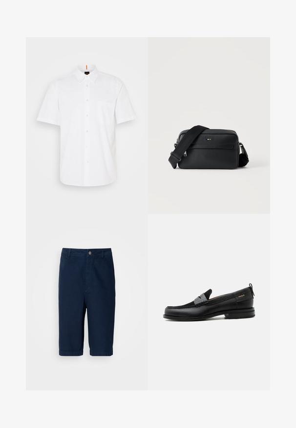 Weißes Kurzarm-Hemd mit Knöpfen aus Baumwolle, ausgestattet mit einer einzigen Brusttasche, einem klassischen Kragen und dezenten Nähdetails.; Marineblaue Shorts aus Baumwollstoff mit geradem Schnitt, Knopfverschluss und Gürtelschlaufen. Mit umgelegten Säumen und zwei Seitentaschen.; Schwarzer Lederloafer mit grauem Riemendetail, niedrigem Absatz und strukturierter Sohle, seitlich mit „HUGO“ in Gold gebrandmarkt.; Schwarze, strukturierte Leder-Crossbody-Tasche mit vorderer Reißverschlusstasche und verstellbarem breitem Stoff-Schulterriemen auf weißem Hintergrund.