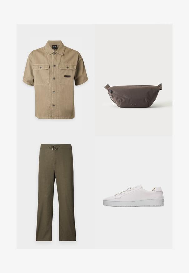 Chemise beige à manches courtes boutonnée avec deux poches poitrine, col pointu et étiquette de marque A|X à l'intérieur du col.; Pantalons en lin olive, ample, avec taille à cordon et jambes larges. Texture lisse, design minimaliste, sans motifs ni accents visibles.; Baskets basses en cuir blanc avec lacets blancs, semelle en caoutchouc plate texturée et coutures minimalistes, vues de côté extérieur sur fond blanc.; Sac banane en tissu marron foncé avec poche zippée en diagonale et petit logo blanc sur le devant, sur un fond clair uni.