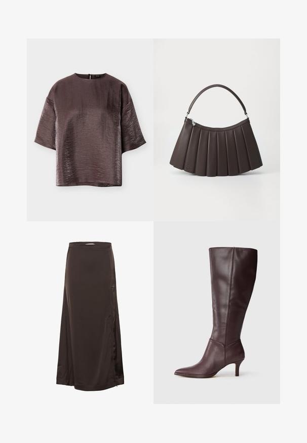 Blusa corta de manga corta de color marrón oscuro brillante con escote redondo y corte holgado, exhibida extendida sobre un fondo blanco.; Larga falda de satén marrón oscuro con cintura entallada y sutil abertura lateral, textura suave y ligero brillo.; Botín femenino alto de cuero marrón oscuro con punta afilada y tacón medio esbelto, mostrado en perfil lateral sobre un fondo blanco.; Bolso marrón plisado con una parte superior curva, base plana y un asa corta. Fabricado con material liso que presenta un detalle de marca sutil.