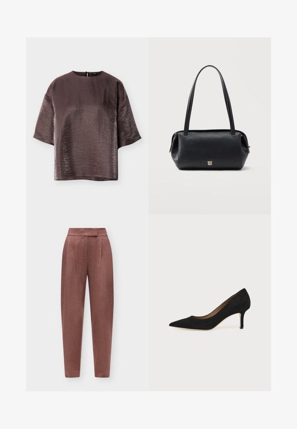 Blouse brillante marron foncé à manches courtes, col rond et coupe ample, présentée à plat sur un fond blanc.; Pantalon taille haute fuselé couleur rose poudré avec un devant plat et une fermeture cachée, présenté sur un fond clair uni.; Escarpin en daim noir à bout pointu avec un talon stiletto fin de hauteur moyenne et un design à coupe basse sur un fond uni.; Sac bandoulière rectangulaire en cuir noir avec longues bretelles et petit logo doré "HUGO" au centre devant.