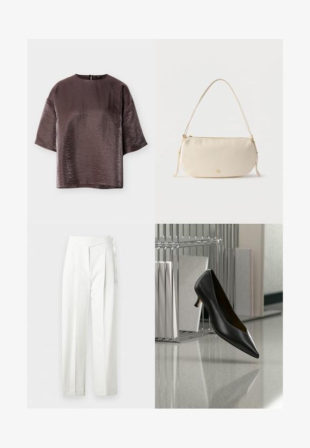 Blouse brillante marron foncé à manches courtes, col rond et coupe ample, présentée à plat sur un fond blanc.; Pantalon blanc taille haute avec plis et détail de nœud sur le côté, coupe droite et fermeture cachée.; Chaussure en cuir noir à bout pointu et talon kitten flottant au-dessus d'un sol gris moucheté, à côté d'un organiseur de fichiers en métal contenant des dossiers.; Petit sac à épaule de couleur crème avec une seule sangle, fermeture éclair et logo de marque doré discret à l'avant.