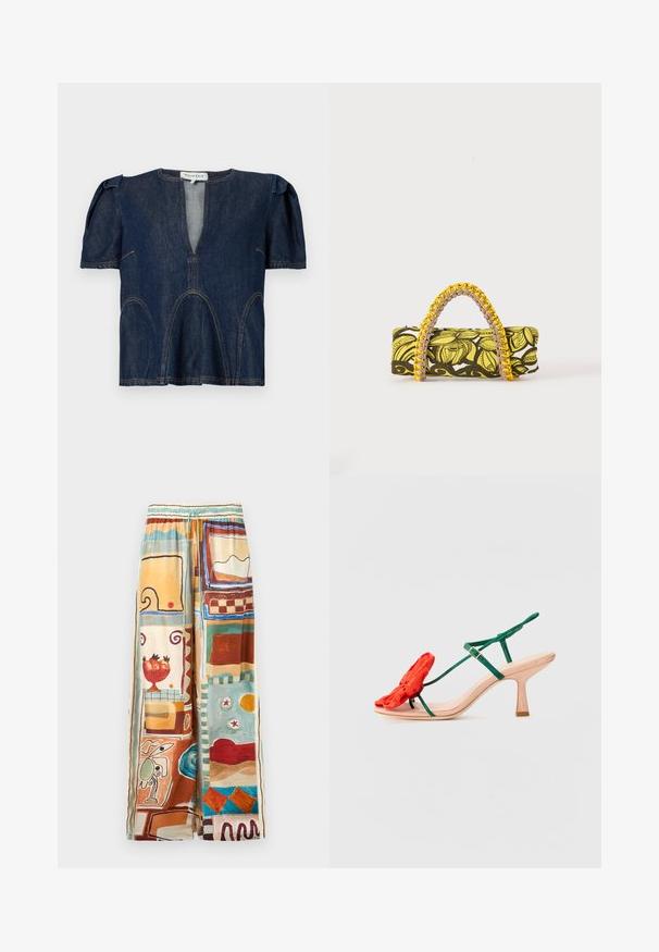 Denim top with a deep V-neck, short puff sleeves, and curved seam details. Dark blue color with contrasting stitching. Designed for a relaxed fit.; Wide-leg pants with an elastic waistband, featuring a colorful abstract pattern with fruit, geometric shapes, and brushstroke designs.; Loeffler Randall FRANK - Ankle cuff sandals - nude/green/red; Rectangular bag with yellow and black floral pattern and braided yellow and pink handle on white background.