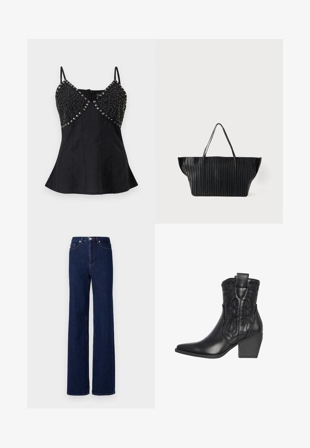 Sort ærmeløs top med tynde stropper, V-udskæring, pyntet med sølvnitter og perledetaljer på brystet samt talje med vidde.; Mørkeblå denim jeans med høj talje, bred benudskæring og klassisk fem-pocket design. Afsluttet med kontrastsyning og en metalknap.; Sort læder cowboystøvle med spidse tæer, præget stjerne og blomsterdesign, samt en kraftig hæl for stabilitet. Har trækhank for nem påklædning.; Sort tote-taske med lodret plisseret tekstur og to tynde håndtag på en ensartet lys baggrund.