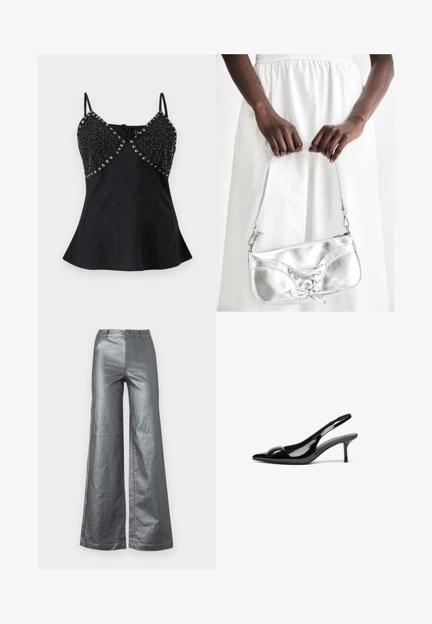 Haut noir sans manches à fines bretelles, encolure en V, orné de clous argentés et de perles sur le buste, avec une taille évasée.; Pantalons à jambes larges en tissu métallique argenté brillant. Comprend des poches avant, une fermeture à bouton et des ourlets droits. Texture lisse et design épuré.; Escarpins slingback en cuir verni noir avec un bout pointu et une finition brillante. Présente un talon fin et un accent arrondi au dessus du pied.; Sac à main en métal argenté avec un détail à lacets, arborant un design épuré et une courte sangle. Le sac est tenu dans les mains, mettant en valeur sa texture.