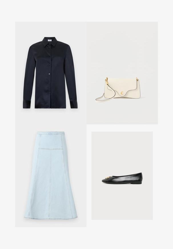 Sort langærmet silke-bluse med spids krave, knappelukning foran og manchetærmer, vist på en ensfarvet lys baggrund.; Lyseblå denim A-line nederdel med høj talje, der har lodrette syninger og en bredere kant for ekstra bevægelse.; Sort læderflad sko med spids tå og gylden dekorativ detalje på forsiden, vist i venstre profil mod en ensfarvet baggrund.; Hvid læderhåndtaske med guldfarvede beslag, buet klap og en kontrastfuld sort kant. Har en aftagelig rem for alsidighed.