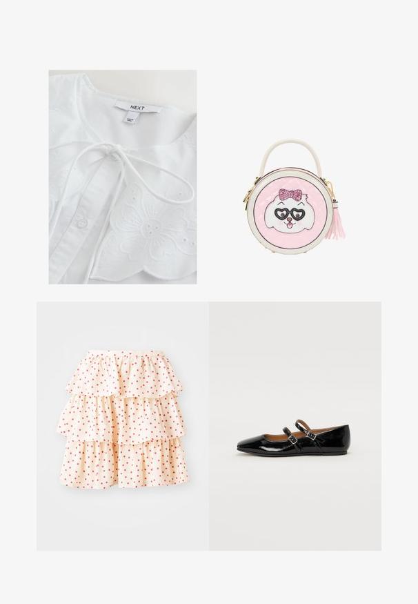 Blouse blanche avec broderie florale, présentant un col rond, une fermeture à nouer et des détails à boutons. Tissu en coton doux avec des accents texturés.; Jupe à volants en tissu crème clair avec des pois rouges. Elle présente trois couches de volants au bas et une taille élastique.; Ballerine plate en cuir verni noir avec un bout pointu, deux brides ajustables avec boucles, et une semelle plate. Texture lisse avec une finition brillante.; Sac à main rond rose avec un visage de chien blanc et rose portant un nœud pailleté et des lunettes en forme de cœur, une poignée supérieure et une tirette de fermeture éclair à pompon sur le côté.