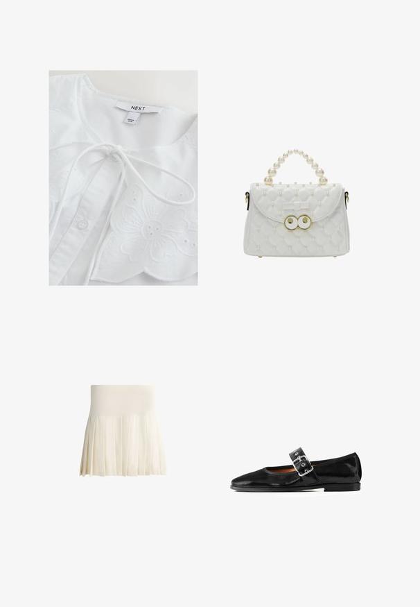 Witte blouse met bloemenborduursel, met een ronde halslijn, een striksluiting en knoopdetails. Zachte katoenen stof met textuuraccenten.; Ivoorkleurige geplooide minirok met brede geribde elastische tailleband, gemaakt van lichtgewicht stof.; Zwarte Mary Jane platte schoen van lakleer, met een afgeronde neus, verstelbare gespband, textuur op het oppervlak, lage zool met minimale profielvoering.; Witte doorgestikte handtas met parelversieringen, parelhandvat, kleine strik en gouden ronde gesp op een witte achtergrond.