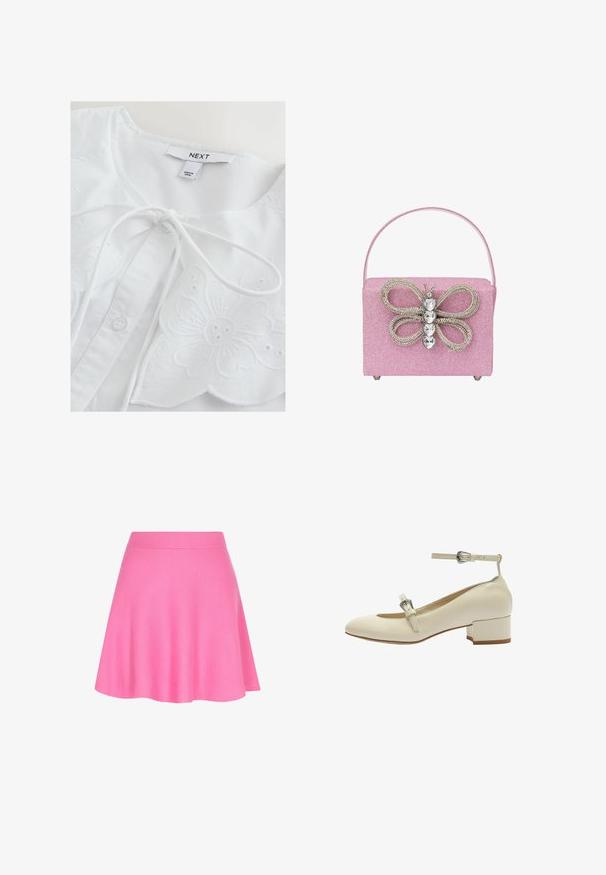 Witte blouse met bloemenborduursel, met een ronde halslijn, een striksluiting en knoopdetails. Zachte katoenen stof met textuuraccenten.; Roze gebreide rok met een aansluitende tailleband en een uitlopende vorm, gemaakt van zachte stof die een soepele textuur toevoegt.; Witte leren blockhak schoen met ronde neus, enkelbandje en decoratieve gesp. Gladde textuur en eenvoudig ontwerp.; Roze glitterhandtas met een vlinderontwerp van rhinestones, met een gestructureerde vorm en een enkele handgreep aan de bovenkant.