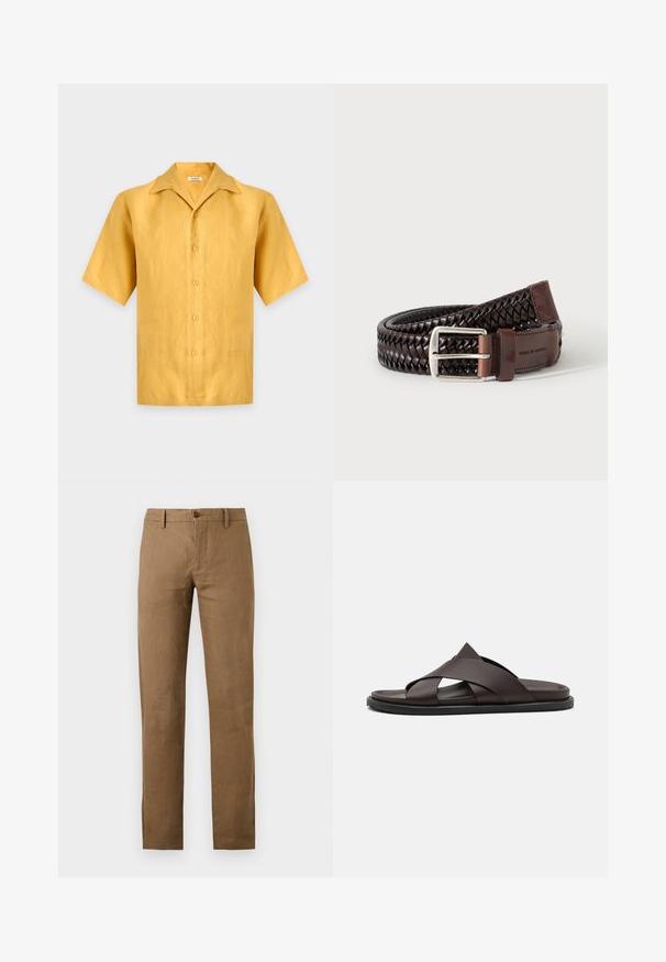 Chemise jaune à manches courtes avec boutons et col large, présentée sur un fond gris clair uni.; Pantalon marron à jambes droites avec passants de ceinture et fermeture boutonnée et zippée à l'avant sur fond uni.; Stuart Weitzman BERKLEY - Mules - espresso; Ceinture en cuir tressé marron foncé avec boucle rectangulaire argentée et patch en cuir embossé de "Tiger of Sweden" sur fond blanc.