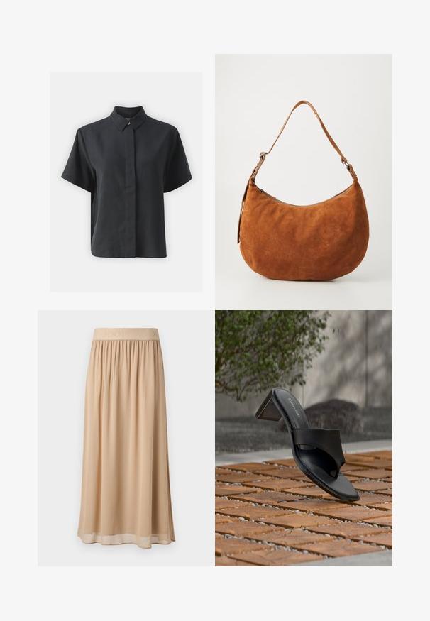 Lühikeste varrukatega must nööbiga särk klassikalise kraega, valmistatud siledast kangast, sirge lõike ja minimalistliku disainiga.; Beežist midi pikkusega seelik laia elastse vööosaga, millel on brändi nimi. Pehme, voolav materjal sileda tekstuuri ja lihtsa disainiga.; Mustad Calvin Kleini kontsadega sandaal varbatsükliga, paikneval puidust plaatpõrandal õues puu ja kivimüüri lähedal.; Pruunest suede'ist käekott, millel on kaarjas kuju ja üks reguleeritav rihm. Omab ülemist lukuga sulgemist ja sujuvat tekstuuri.
