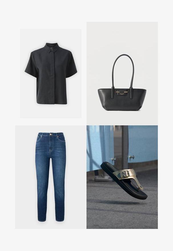 Kortærmet sort skjorte med knapper og klassisk krave, lavet af et glat stof, med lige snit og minimalistisk design.; Mørkeblå denimjeans med høj talje, tapered ben og knaplukning. Har subtil falmning og ingen synlige mønstre eller udsmykninger.; Sort sål sandal med guldrem og spænde, der svæver over asfaltjord nær blå stofpaneler.; Sort rektangulær håndtaske med lange håndtag, gulddetaljer og et lille forreste mærke på en ensartet lys baggrund.