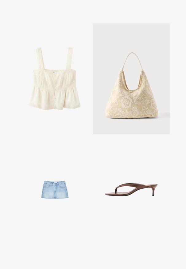 Kremfarvet ærmeløs top med brede stropper, knapper foran, blonde detaljer og et let udvidet, rynket design.; Lysblå denimminiskørt med lige snit, fem lomme, og frontknaplukning med bæltestropper. Glat tekstur.; Brun læder thong sandal med lav kittenhæl og firkantet tå, vist i sideprofil på hvid baggrund.; Kremfarvet stoftaske med hvidt blomsterhæklet mønster og en enkelt tynd skulderrem på ensfarvet baggrund.