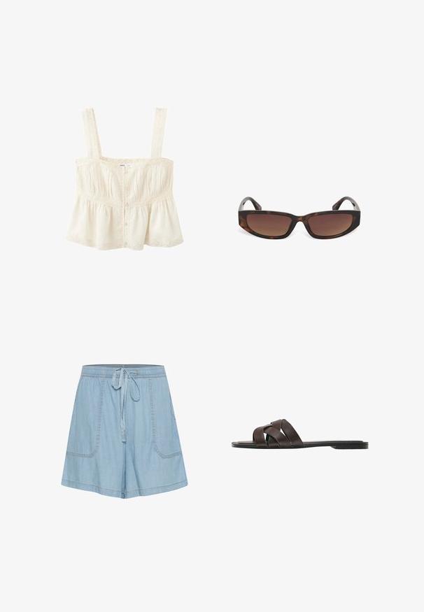 Crèmekleurige mouwloze top met brede bandjes, knopen aan de voorkant, kantdetails en een licht uitlopende, gerimpelde pasvorm.; Lichtblauwe denim shorts met een elastische tailleband, strikdetail, twee zijzakken en gestikte accenten.; Platte donkerbruine slipper met drie brede gekruiste leren riemen en een dunne zool.; Rechthoekige zonnebril met schildpadmotief, donkerbruine verloopglazen en licht gebogen pootjes, frontaal afgebeeld op een witte achtergrond.