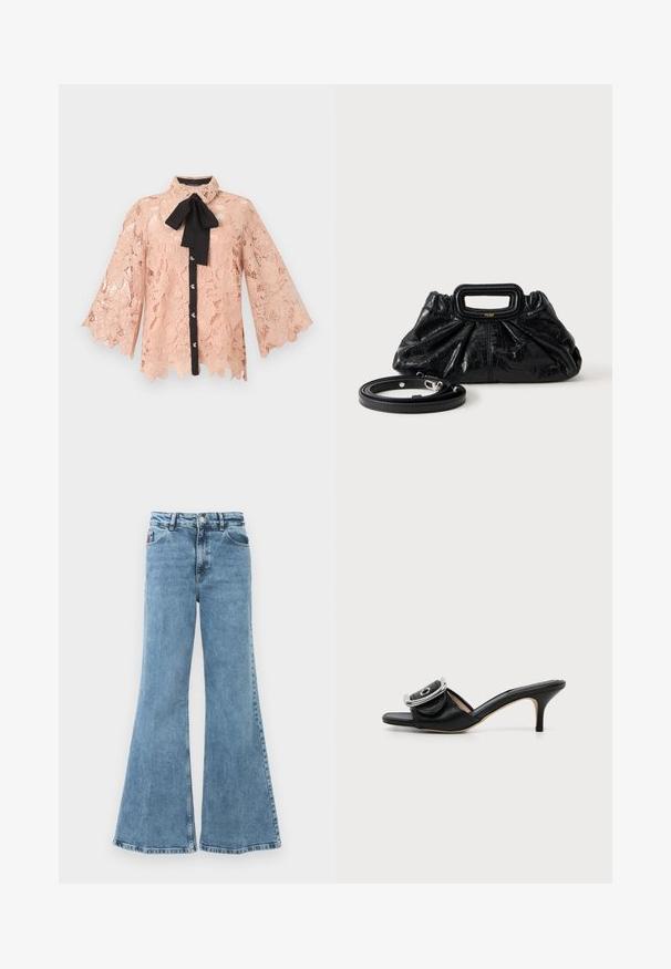 Roze kanten blouse met brede mouwen, een zwarte knoppenstrook aan de voorkant en een zwarte strik bij de kraag.; Uitlopende blauwe denim jeans met een hoge taille. Beschikt over vijf zakken, lichte stof en een vervaagde wasbeurt met een soepele textuur.; Zwarte leren mule met open teen, lage stilettohak en grote zilveren gesp op de voorste riem.; Kleine zwarte leren handtas met geplooide textuur, rechthoekige handgreep en afneembare dunne schouderriem ernaast geplaatst.