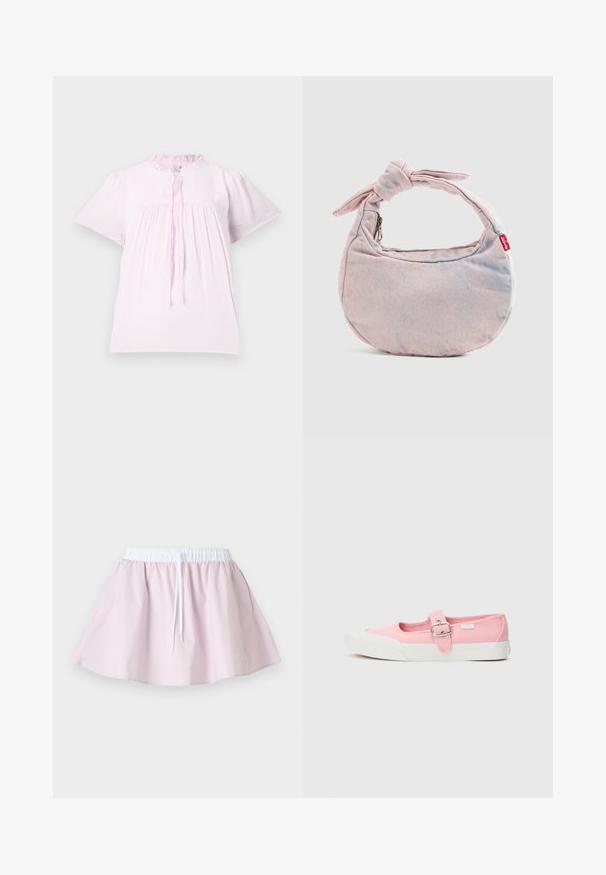 Blusa corta de manga corta en rosa claro con un cuello con volantes, tejido texturizado y detalles fruncidos. Presenta un cierre tipo lazo en el cuello.; Falda línea A de color rosa claro con cintura elástica blanca y cordón, mostrada plana sobre un fondo claro y liso.; Zapatilla de lona rosa con suela plana, que presenta una correa y hebilla en la parte media del pie. Suela de goma blanca con un diseño limpio y simple.; Bolso de mano de mezclilla color rosa claro con forma de media luna, correa anudada y etiqueta roja de Levi's sobre fondo liso.