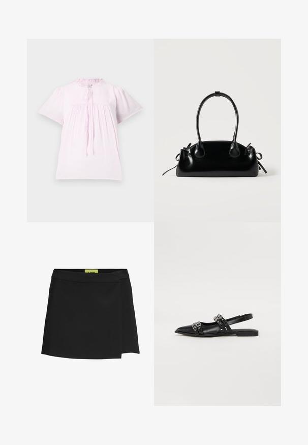 Blouse rose clair à manches courtes avec un col froncé, en tissu texturé et avec des détails froncés. Elle dispose d'une fermeture à lien au cou.; Jupe portefeuille noire en tissu lisse, présentant une taille haute et une fente sur le côté. L'étiquette est visible dans une couleur jaune vif contrastante.; Even&Odd by Zalando Ballerines à brides arrière - black; Petit sac à main noir brillant avec deux longues anses et des détails à cordon sur les côtés sur un fond clair uni.