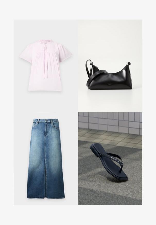 Blouse rose clair à manches courtes avec un col froncé, en tissu texturé et avec des détails froncés. Elle dispose d'une fermeture à lien au cou.; Jupe en denim avec un dégradé de bleu clair à bleu foncé, présentant une fente sur le devant, une taille standard et une coupe droite avec des bords ourlés.; Sandale noire de type tong avec des brides cloutées suspendue au-dessus du pavé en asphalte près du bord d’un mur carrelé.; Sac à main en cuir noir avec une texture lisse. Dispose d'une bandoulière adjustable et d'un design élégant et minimaliste avec une fermeture éclair.