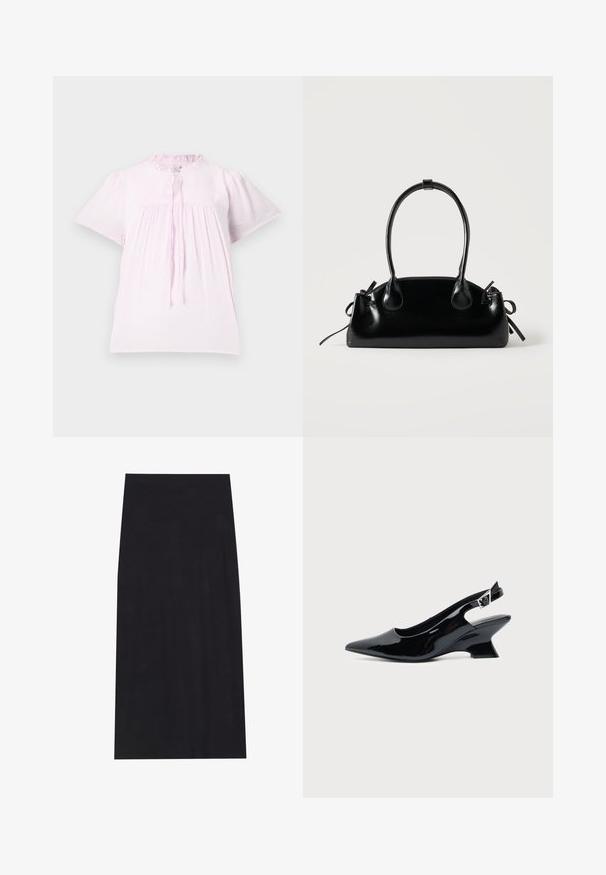 Blouse rose clair à manches courtes avec un col froncé, en tissu texturé et avec des détails froncés. Elle dispose d'une fermeture à lien au cou.; Jupe midi noire en tissu doux et extensible. Présente une silhouette droite et une taille élastique pour un ajustement confortable.; Chaussure slingback en cuir verni noir avec bout pointu et petit talon bloc incliné sur fond clair uni.; Petit sac à main noir brillant avec deux longues anses et des détails à cordon sur les côtés sur un fond clair uni.