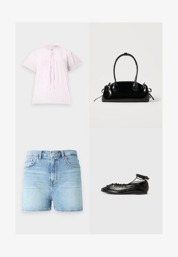 Helles rosa Kurzarmbluse mit Rüschensaum, strukturiertem Stoff und gerafften Details. Mit einer Bindeschließe am Hals.; Denim-Shorts in Hellblau, mit hoher Taille, klassischem Fünf-Taschen-Design und ausgefranstem Saum sowie einer leicht verblichenen Textur.; Schwarze Ballerinas aus Lackleder mit runder Spitze, Schnürdesign und flacher Sohle. Glatte Textur mit minimaler Verzierung.; Kleine schwarze glänzende Handtasche mit zwei langen Griffen und seitlichen Kordelzug-Details vor einfachem hellem Hintergrund.