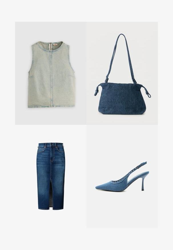 Ärmellose hellblaue Denimweste mit rundem Halsausschnitt und sichtbarem zentralen Reißverschluss vor einfachem Hintergrund.; Dunkelblauer Jeans-Midirock mit vorderem Schlitz, Knopfverschluss, Gürtelschlaufen und Fronttaschen.; Blauer Denim-Pumps mit spitz zulaufender Vorderkappe, silbernen Ösendetails und verstellbarem Schnallenriemen.; Dunkelblaue Denim-Schultertasche mit verknoteten Trägerenden und schlichter rechteckiger Form vor weißem Hintergrund.