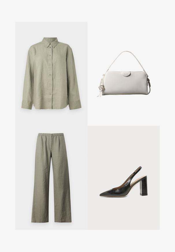 Chemise en lin vert clair à boutons, avec col, manches longues et patte de boutonnage avec six boutons à l'avant. Texture douce et coupe décontractée.; Samsøe Samsøe SATOVE TROUSERS - Pantalon classique - vetiver; Chaussure slingback en cuir noir à bout pointu avec un talon bloc haut et une doublure intérieure beige sur un fond clair uni.; Sac à main rectangulaire blanc Calvin Klein avec une seule poignée, design minimaliste et pampilles décoratives avec un charm métallique géométrique sur le côté.