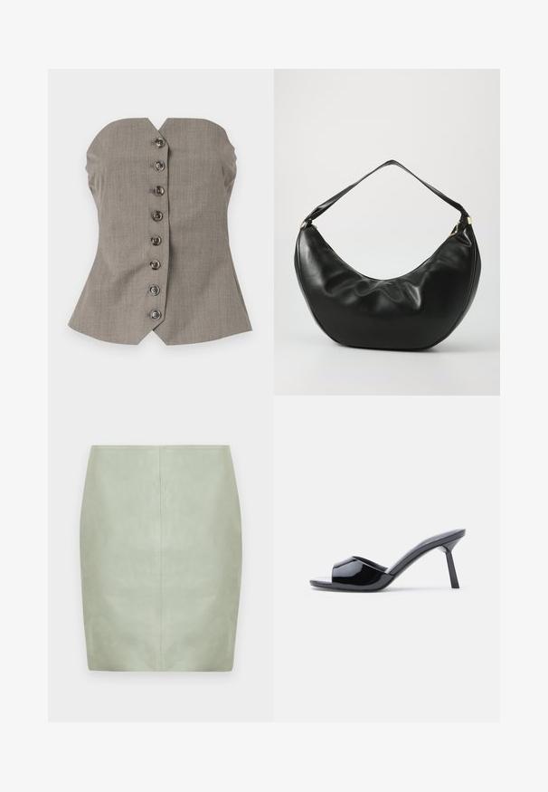 Haut gris ajusté avec un buste structuré, un design à larges épaules et six boutons décoratifs sur le devant. Tissu texturé.; Mini jupe en cuir vert menthe à coupe slim, avec un design épuré et une couture centrale au dos. Texture lisse, sans accessoires visibles.; Sandales à talons ouverts en cuir verni noir, avec un design supérieur incurvé et un talon aiguille effilé. Finition lisse et brillante.; Sac à épaule en cuir noir, de forme courbée, avec une texture douce et une seule sangle; il comporte une fermeture éclair dorée et un logo discret.