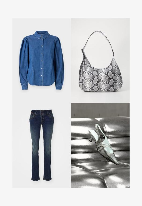 Camisa de denim de color azul claro, con botones en la parte frontal y cuello ajustado. Presenta mangas largas abullonadas y un dobladillo curvado.; Jeans azul oscuro de corte ajustado, con una cinturilla de doble botón, cinco bolsillos y una textura ligeramente desvanecida en los muslos.; Zapato de tacón alto con tira trasera y dos hebillas en plata, descansando sobre una superficie de cuero plateado brillante y acolchada.; Bolso de hombro con estampado de serpiente en blanco y negro, de forma redondeada, textura suave y correa curvada. Presenta un acento de hardware plateado.