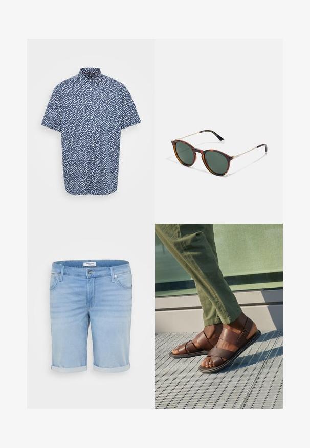 Kortærmet skjorte med knapper i navy med hvidt bladmønster, lavet af bomuldsstof, med klassisk krave og forlommer.; Lysblå denimshorts med en let falmet finish, opfoldede bukseben, fem-lommer design og en metalknaplukning.; Brune lædersandaler med et stroppedesign, der har en spænde detalje, båret med grønne bukser på en tekstureret overflade.; Runde solbriller med skildpaddefarvede stel, mørkegrønne linser og tynde metalliske arme. Udsmykket med logo på stængerne.