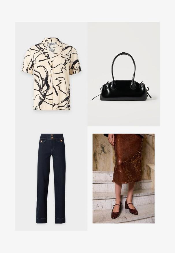 Blouse beige à manches courtes avec imprimé abstrait noir en coups de pinceau et boutons à l'avant, dotée d'un col classique et de manches retroussées.; Jean bleu foncé taille haute avec jambes droites, boutons en cuivre, poches à rabat à l'avant et coutures jaunes visibles.; Femme portant une jupe midi en sequins bruns et des escarpins Mary Jane en crocodile texturé marron foncé, se tenant sur des escaliers en marbre.; Petit sac à main noir brillant avec deux longues anses et des détails à cordon sur les côtés sur un fond clair uni.