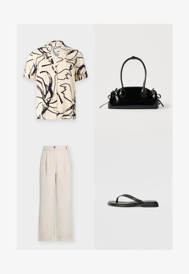 Blouse beige à manches courtes avec imprimé abstrait noir en coups de pinceau et boutons à l'avant, dotée d'un col classique et de manches retroussées.; Pantalon en lin beige taille haute à jambes larges, avec passants pour ceinture, fermeture par boutons et plis devant.; Tongs noires en cuir lisse, avec un design de sangle fine et une semelle plate à profil minimal. Aucun motif ou accent notables.; Petit sac à main noir brillant avec deux longues anses et des détails à cordon sur les côtés sur un fond clair uni.