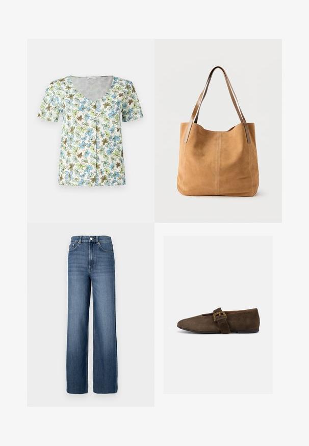 Blumen-T-Shirt mit kurzen Ärmeln, V-Ausschnitt, Knopfleiste und einem weißen Hintergrund mit blauen, grünen und braunen Blumenmustern.; Blaue Jeans aus Denim mit hohem Bund und weitem Schnitt. Verfügt über ein klassisches Fünf-Taschen-Design und metallene Knopfdetails.; Brauner Wildleder-Flachschuh mit breitem Riemen und goldener Schnalle, abgerundeter Spitze und flacher schwarzer Sohle, seitlich auf weißem Hintergrund dargestellt.; Hellbraune Wildleder-Shopper-Tasche mit langen, hellbraunen Lederhenkeln, weicher Textur und einfacher Naht auf weißem Hintergrund.