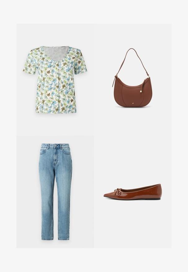 Top à manches courtes à fleurs avec un décolleté en V, une fermeture à boutons et un fond blanc orné de motifs de fleurs bleues, vertes et brunes.; TOM TAILOR DENIM Jean Mom - clean mid stone blue denim; Ballerine pointue en cuir verni marron avec un détail nœud sur le dessus et une fine semelle noire.; Sac à épaule en faux cuir brun, de forme arrondie, avec des coutures minimales et un accent en matériel doré. Il possède une fermeture zippée sur le dessus et une sangle réglable.