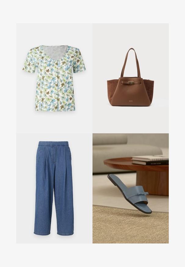 Blumen-T-Shirt mit kurzen Ärmeln, V-Ausschnitt, Knopfleiste und einem weißen Hintergrund mit blauen, grünen und braunen Blumenmustern.; Blaue Jeans in weitem Schnitt mit entspanntem Sitz, ohne Knopfverschluss an der Taille, mit Falten auf der Vorderseite und zwei Seitentaschen.; Blaue offene Slide-Sandale mit kleinem Schleifendetail, schwebt über einem beige strukturierten Teppich in der Nähe eines hölzernen Couchtisches mit gestapelten Büchern.; Braune Tragetasche, die glatte und Wildlederstrukturen kombiniert, mit rechteckiger Form, doppelten Griffen und einem dekorativen goldenen Akzent auf der Vorderseite.