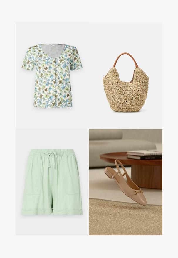 Blomstret kortærmet top med V-hals, knaplukning foran og en hvid baggrund med blå, grønne og brune blomster mønstre.; Lysegrønne shorts i en blanding af linned med elastisk talje, snøre lukning og to frontlommer; har en ombetrukket kantdetalje.; Beige læder slingback flad sko med gulddetalje på spænde, placeret i luften over et vævet tæppe, et træ sofabord og stablede bøger i baggrunden.; Vævet stråtasker med en naturlig tekstur og en blød, organisk form, der har brune læderhåndtag for nem bæring.