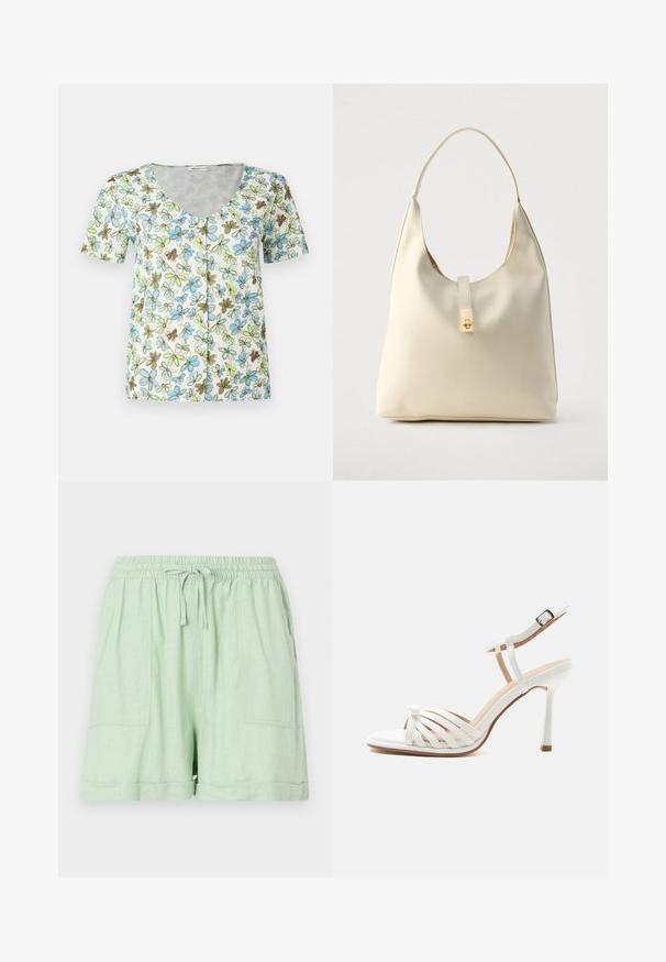 Top de flores de manga corta con escote en V, botonadura en la parte delantera y un fondo blanco con patrones de flores en azul, verde y marrón.; Pantalones cortos de mezcla de lino en verde claro, con una cintura elástica, cierre de cordón y dos bolsillos frontales; presenta un detalle de dobladillo enrollado.; Sandalia blanca de tacón alto con tira en el tobillo y hebilla, punta abierta y varias tiras estrechas sobre la parte delantera del pie.; Bolso hobo de cuero color crema con una sola correa para el hombro, textura suave y detalle de cierre metálico dorado en el frente.