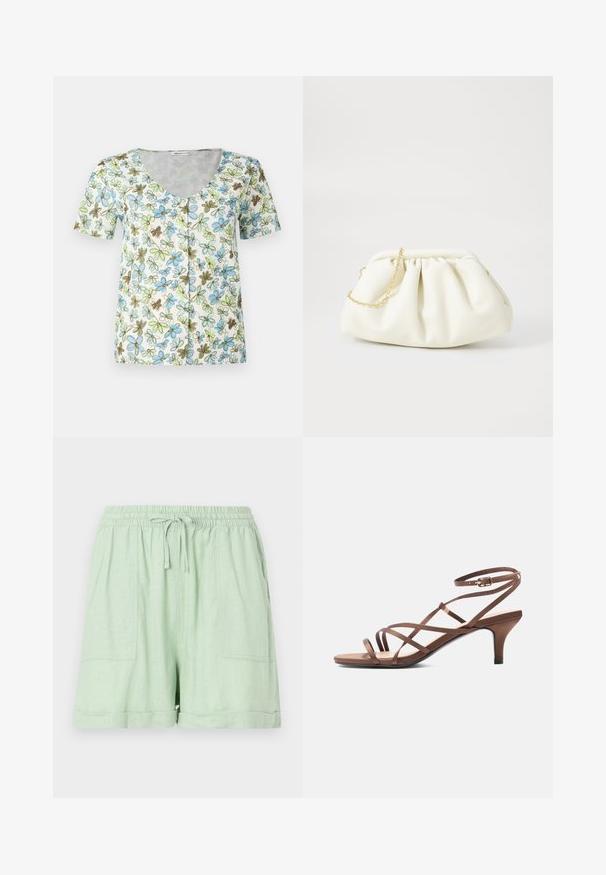 Top de flores de manga corta con escote en V, botonadura en la parte delantera y un fondo blanco con patrones de flores en azul, verde y marrón.; Pantalones cortos de mezcla de lino en verde claro, con una cintura elástica, cierre de cordón y dos bolsillos frontales; presenta un detalle de dobladillo enrollado.; Sandalia marrón con tiras finas, hebilla en el tobillo y tacón de altura media, vista lateral sobre un fondo blanco.; Bolso de mano de cuero blanco con un diseño recogido, cuenta con una cadena dorada y forma redondeada. Textura suave con pliegues suaves y sin patrones.