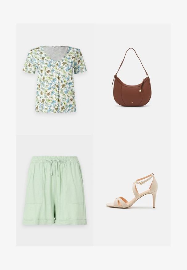 Blumen-T-Shirt mit kurzen Ärmeln, V-Ausschnitt, Knopfleiste und einem weißen Hintergrund mit blauen, grünen und braunen Blumenmustern.; Hellgrüne Shorts aus einem Leinen-Mix mit elastischem Bund, Kordelzug und zwei frontalen Taschen; mit einem umgeschlagenen Saumdetail.; Beige Wildleder High-Heels Sandale mit offenen Zehen, überkreuztem Riemendesign und Knöchelriemen mit goldfarbener Schnalle.; Braune Kunstleder-Schultertasche mit geschwungener Form, minimaler Naht und goldfarbener Hardware-Akzent. Verfügt über einen oberen Reißverschluss und einen verstellbaren Trageriemen.