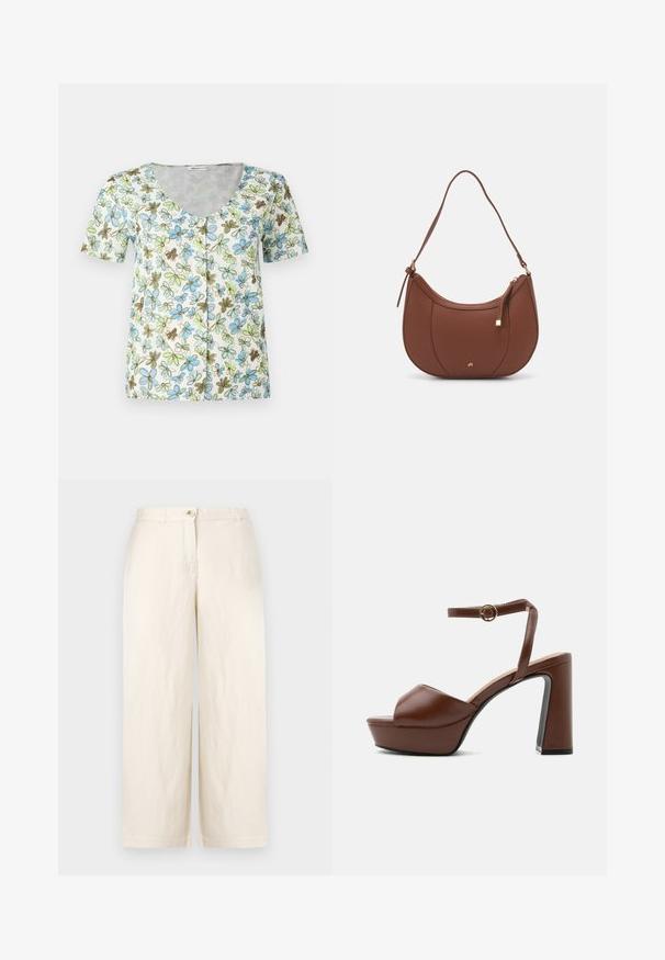 Top à manches courtes à fleurs avec un décolleté en V, une fermeture à boutons et un fond blanc orné de motifs de fleurs bleues, vertes et brunes.; Pantalons larges beiges en tissu léger, dotés d'une fermeture à bouton, de passants de ceinture et d'ourlets nets. Texture douce et design minimaliste.; Sandale à plateforme en cuir marron avec talon haut et épais, bout ouvert et bride de cheville ajustable avec boucle dorée, vue de côté.; Sac à épaule en faux cuir brun, de forme arrondie, avec des coutures minimales et un accent en matériel doré. Il possède une fermeture zippée sur le dessus et une sangle réglable.
