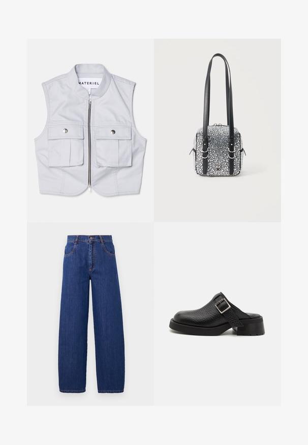 Lys grå ærmeløs vest lavet af et glat stof, med lynlås foran, to store forsætslommer og en stående krave.; Løse blå denim jeans med høj talje, der har forlommer og orange syninger. Stoffet har en glat tekstur med en klassisk finish.; Sorte lædertræsko med en tekstureret overflade, justerbar spændebånd og en kraftig hæl. Glat, afrundet tådesign med en solid sort sål.; Firkantet sort håndtaske dækket af sølvnitter med to lange sorte læderstropper og sølvspænder.