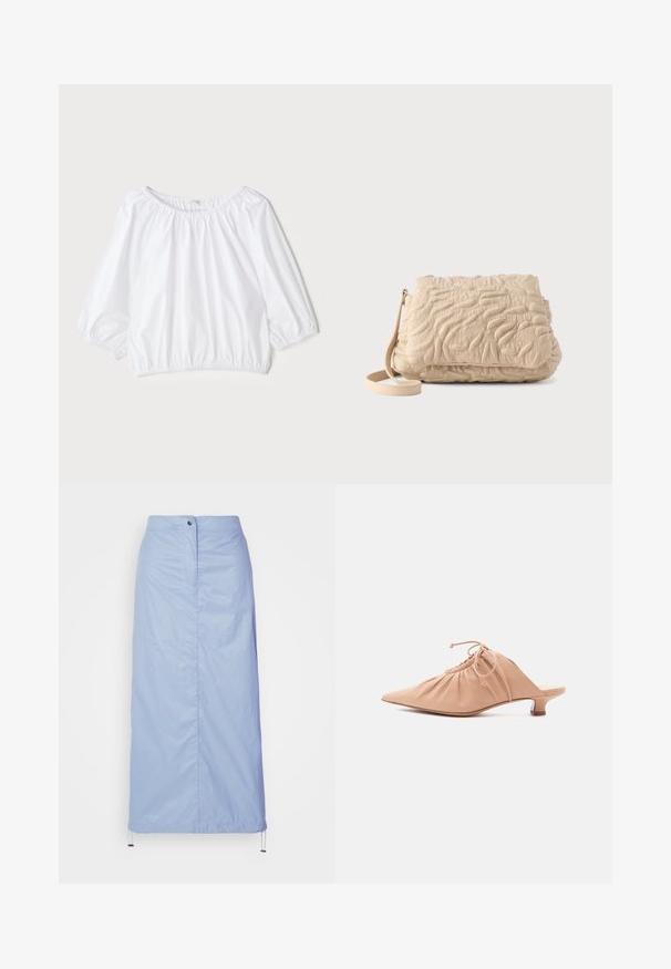 Witte, lichte blouse met een ronde halslijn, driekwart mouwen met pof en een elastische taille, met een gladde, glanzende textuur.; Lichtblauwe, middellange rok van soepel, lichtgewicht materiaal met een rechte snit, beschikt over een sluiting met knopen aan de voorkant en een koord in de zoom.; Beige leren damesmuiltje met puntige neus, geplooide bovenzijde, trekkoord en lage kittenheel, afgebeeld op witte achtergrond.; Beige gewatteerde schoudertas met onregelmatige gestikte patronen en een afneembare riem, weergegeven op een lichte achtergrond.