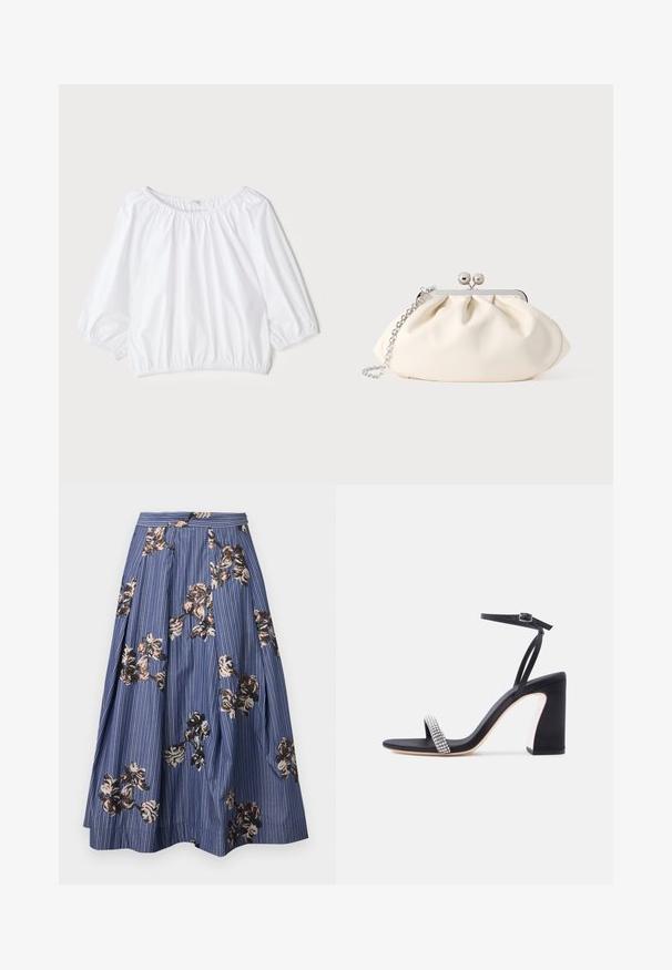 Blouse blanche légère avec un col rond, des manches bouffantes trois-quarts et une taille élastiquée, présentant une texture lisse et brillante.; Jupe midi bleue avec fines rayures blanches et broderie dispersée de sequins floraux marron, noir et beige, avec des plis et une ceinture ajustée.; Sandale noire à talon haut avec bride à la cheville et bride ornée de strass étincelants sur fond blanc.; Pochette en tissu crème avec un design froncé, cadre en métal argenté, deux boules décoratives, et une bandoulière chaîne argentée.