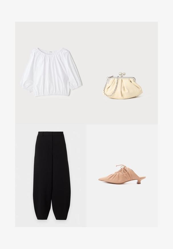 Blouse blanche légère avec un col rond, des manches bouffantes trois-quarts et une taille élastiquée, présentant une texture lisse et brillante.; Pantalon noir à jambes larges et courtes, taille haute, sans poches visibles ni ornements.; Mule pour femme en cuir beige avec bout pointu, dessus froncé, lien de serrage et petit talon kitten, sur fond blanc.; Pochette en cuir beige plissé avec un cadre en métal argenté, dotée de deux fermoirs ronds décoratifs et d'une chaîne en argent.