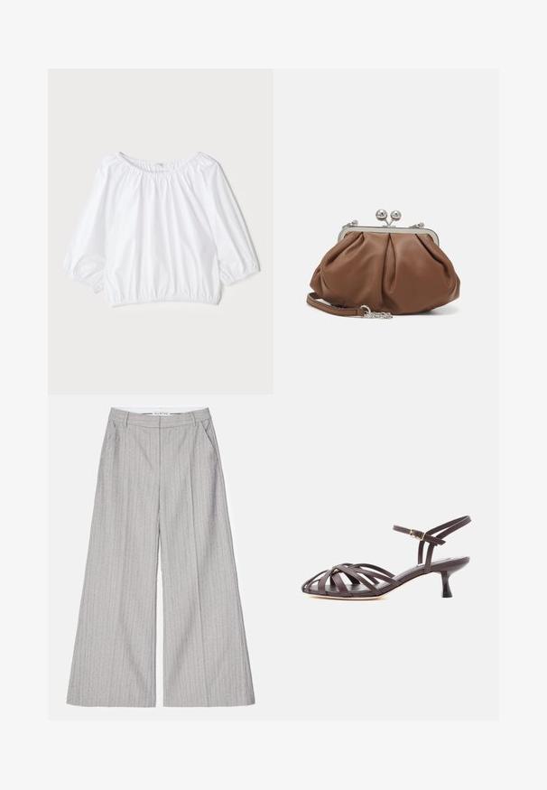Blouse blanche légère avec un col rond, des manches bouffantes trois-quarts et une taille élastiquée, présentant une texture lisse et brillante.; Pantalons larges gris à rayures verticales, présentant une texture lisse et un subtil éclat. Comprend des poches avant et une ceinture.; Sandale à talon kitten en cuir marron foncé avec lanières et bride de cheville réglable à boucle sur fond blanc.; Weekend Max Mara PRATI - Pochette - cuoio